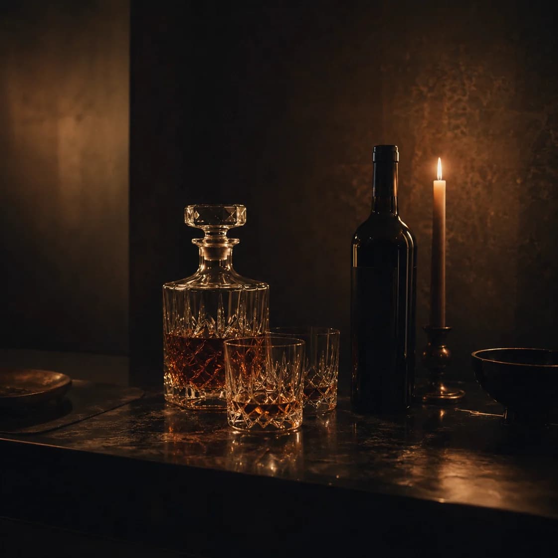 A crystal decanter and two glasses catching candlelight on a darkened bar.