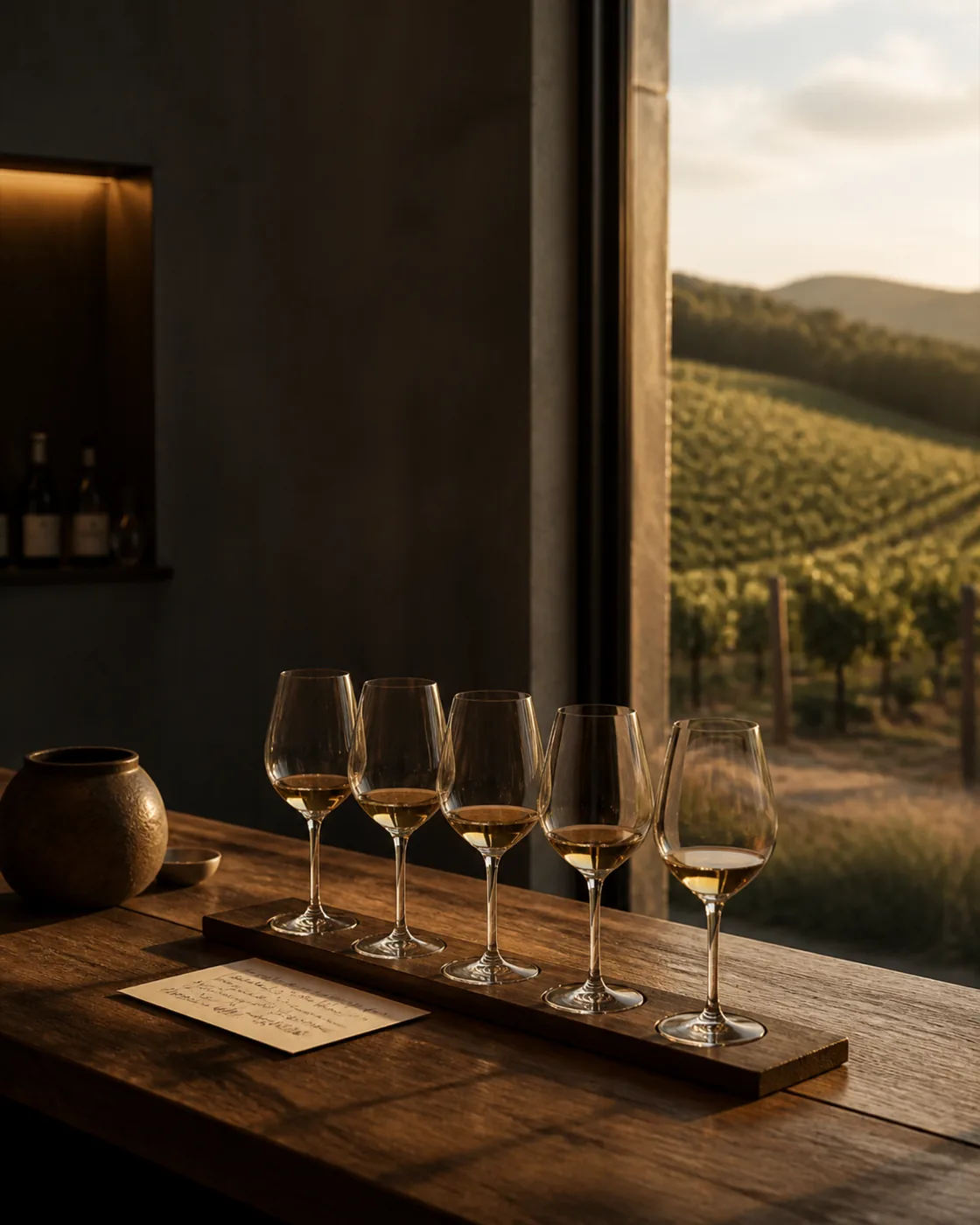 A tasting flight poured along a weathered oak counter beside an open bottle and a spit cup.