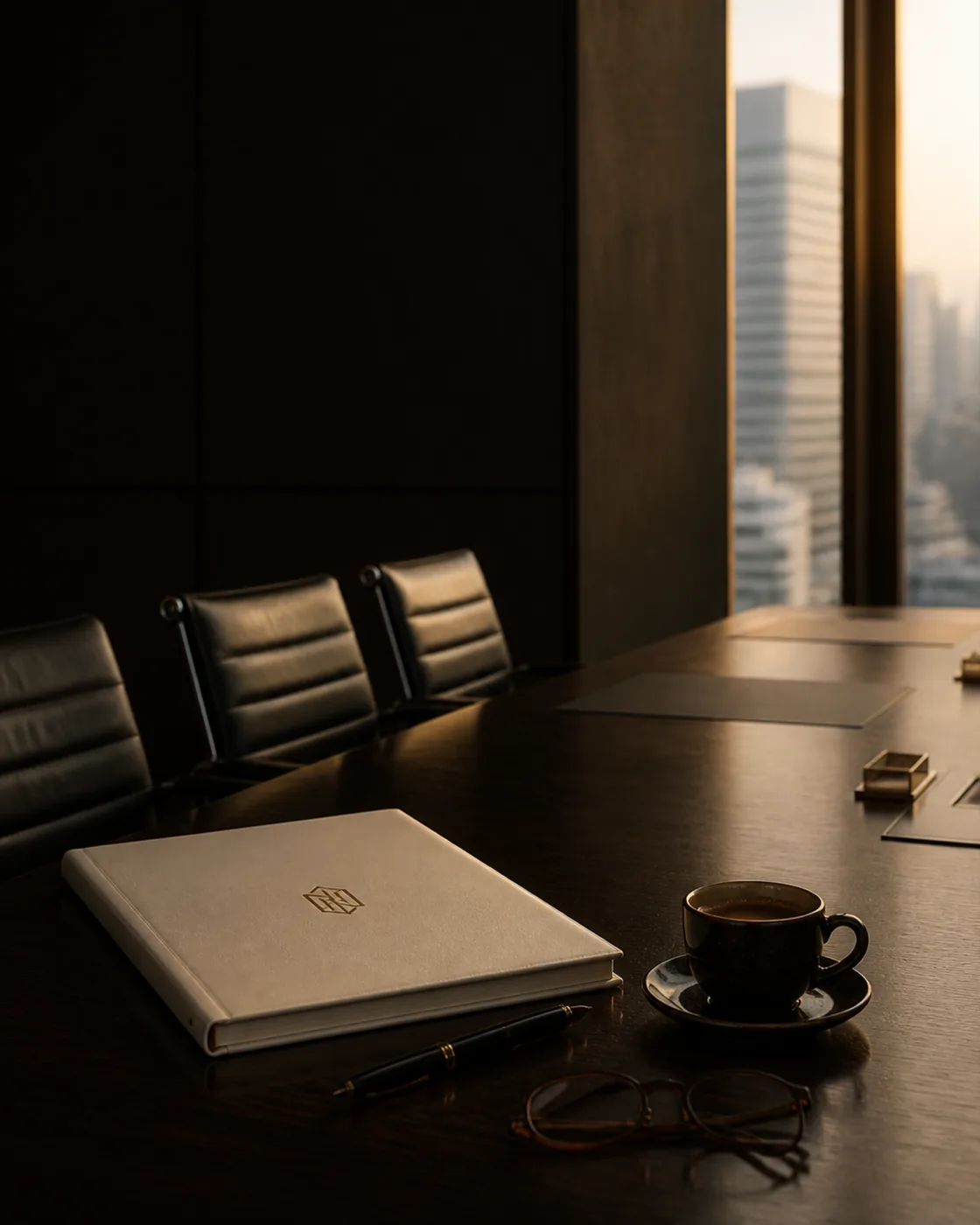 A drawn set of property accounts and a fountain pen on a boardroom table beside a cold cup of coffee.