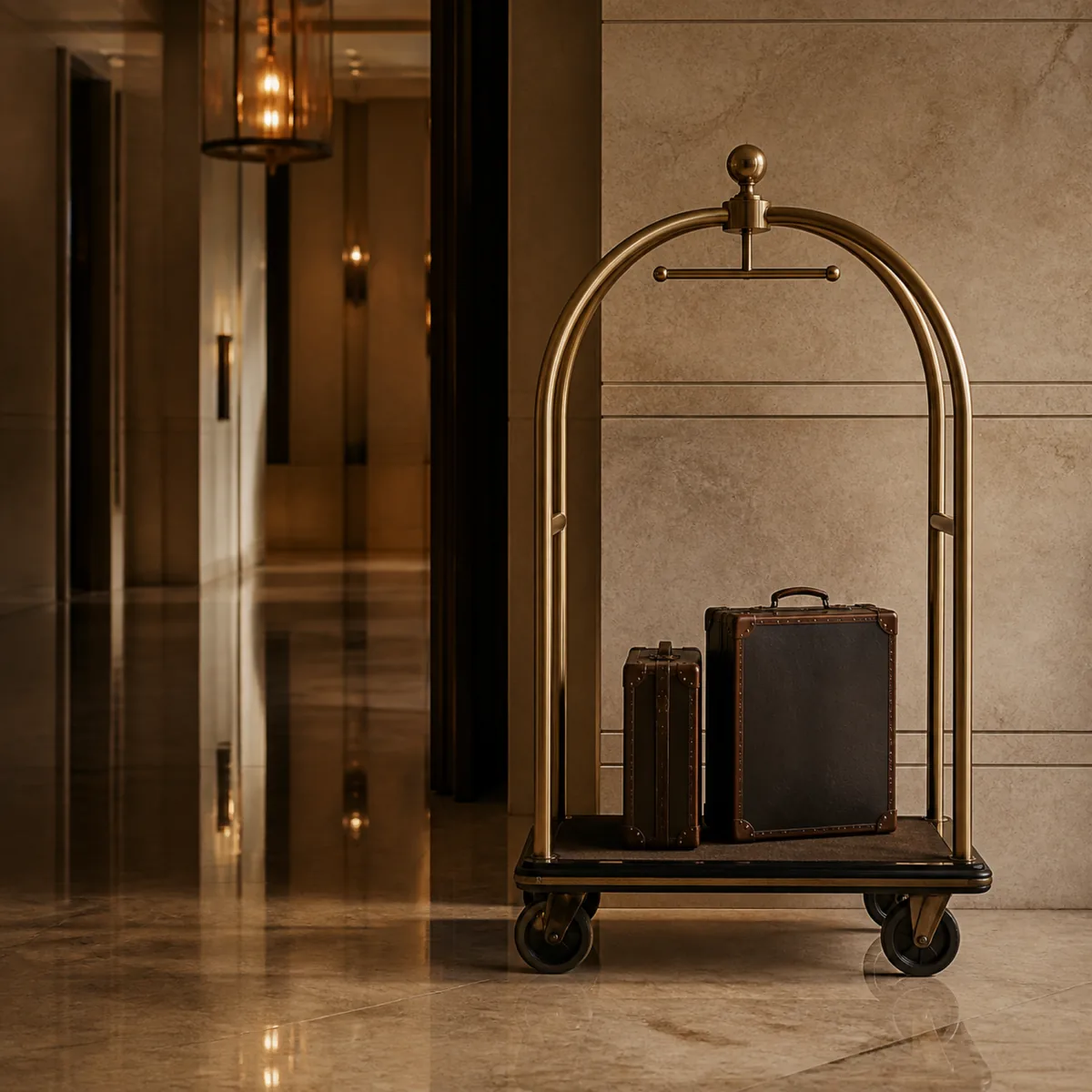 A turned-down suite at dusk, one lamp lit and the terrace doors standing open.