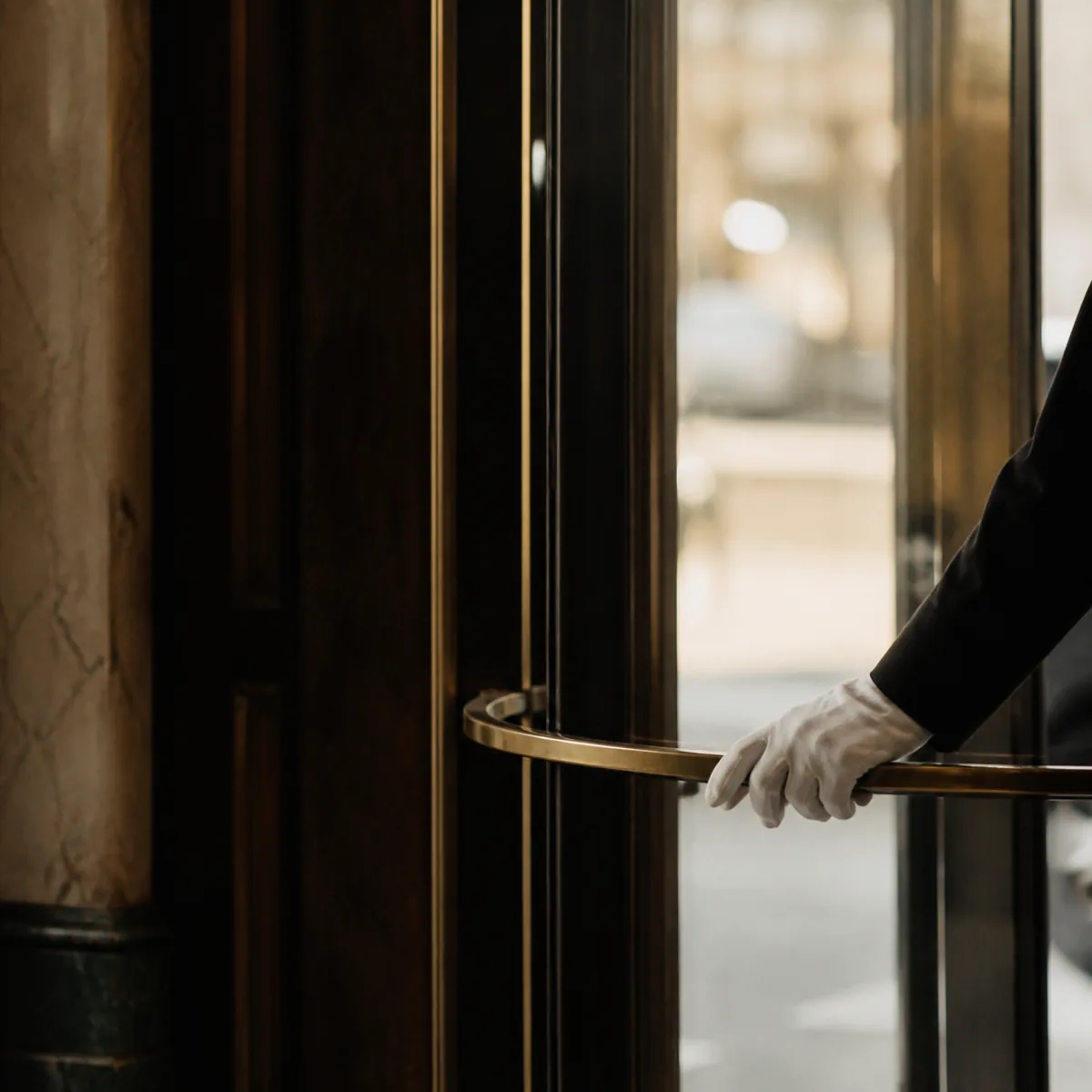A hotel doorway at first light, a key card and a handwritten note left on the console.