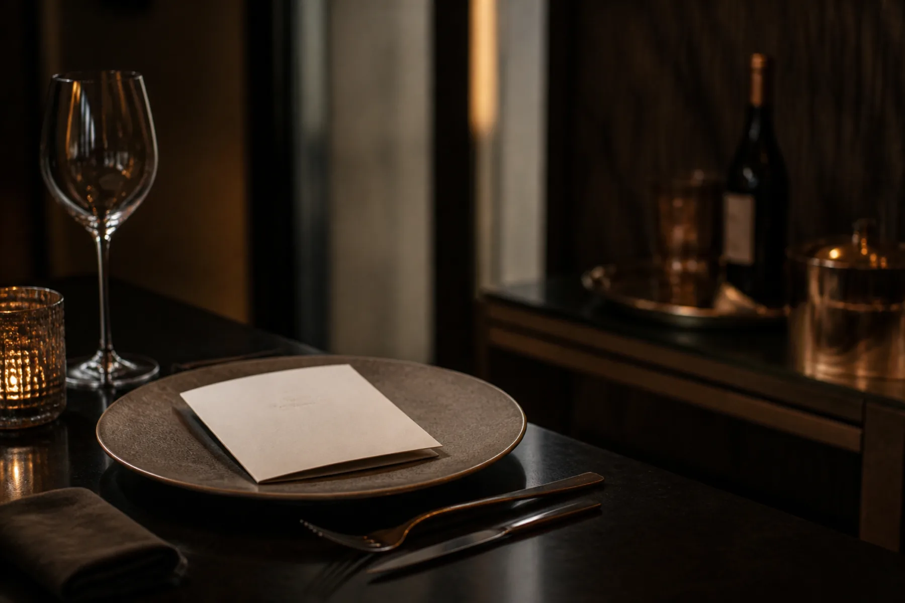 A wine list left open on a restaurant table beside an untouched glass and a folded napkin.