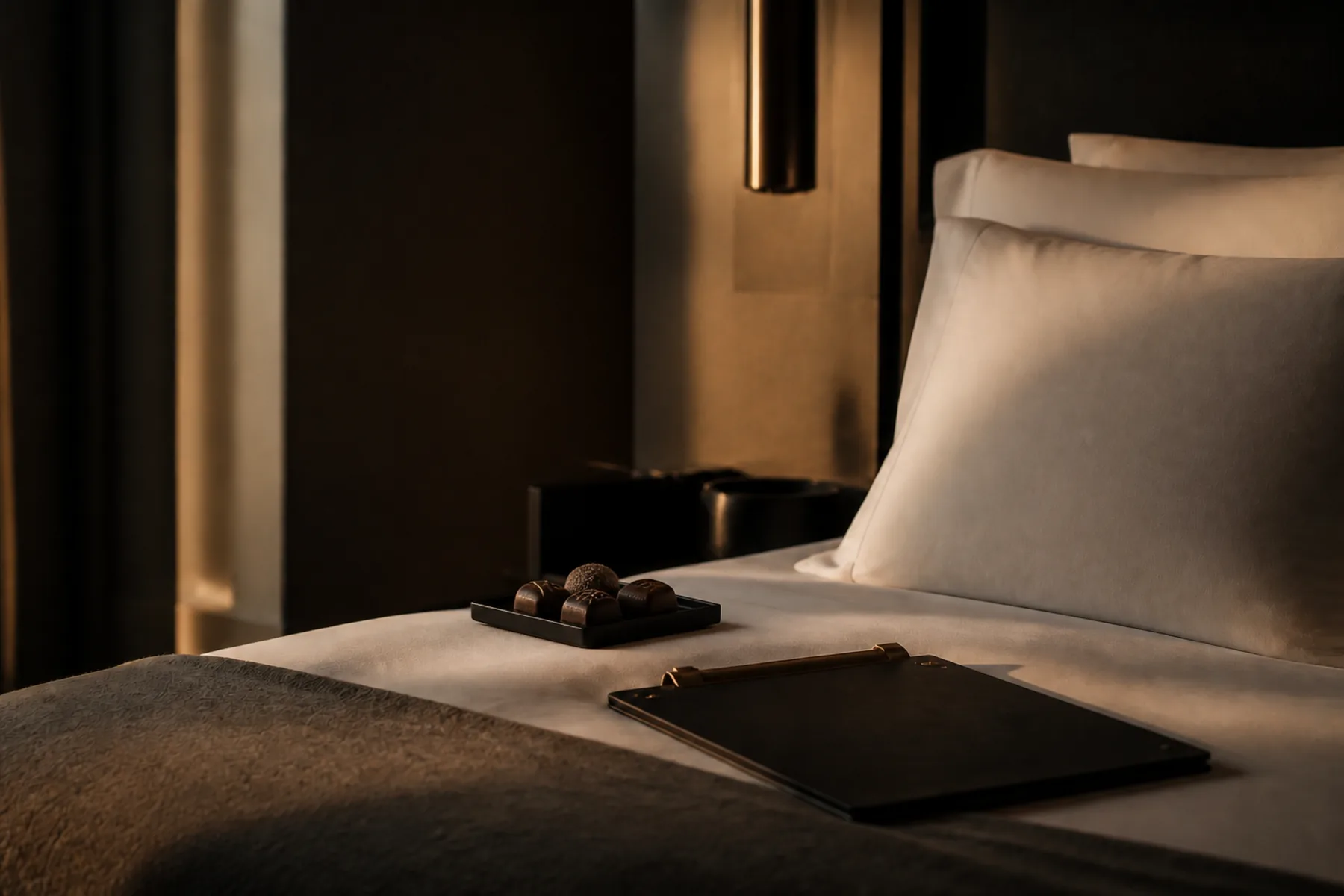 An inspection checklist and a fountain pen resting on a marble hotel desk.