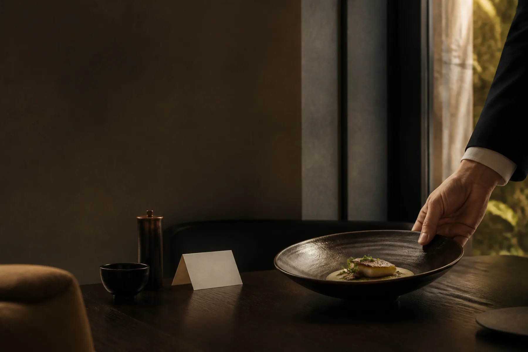 A cleared plate and a handwritten note left on a dining table after service.