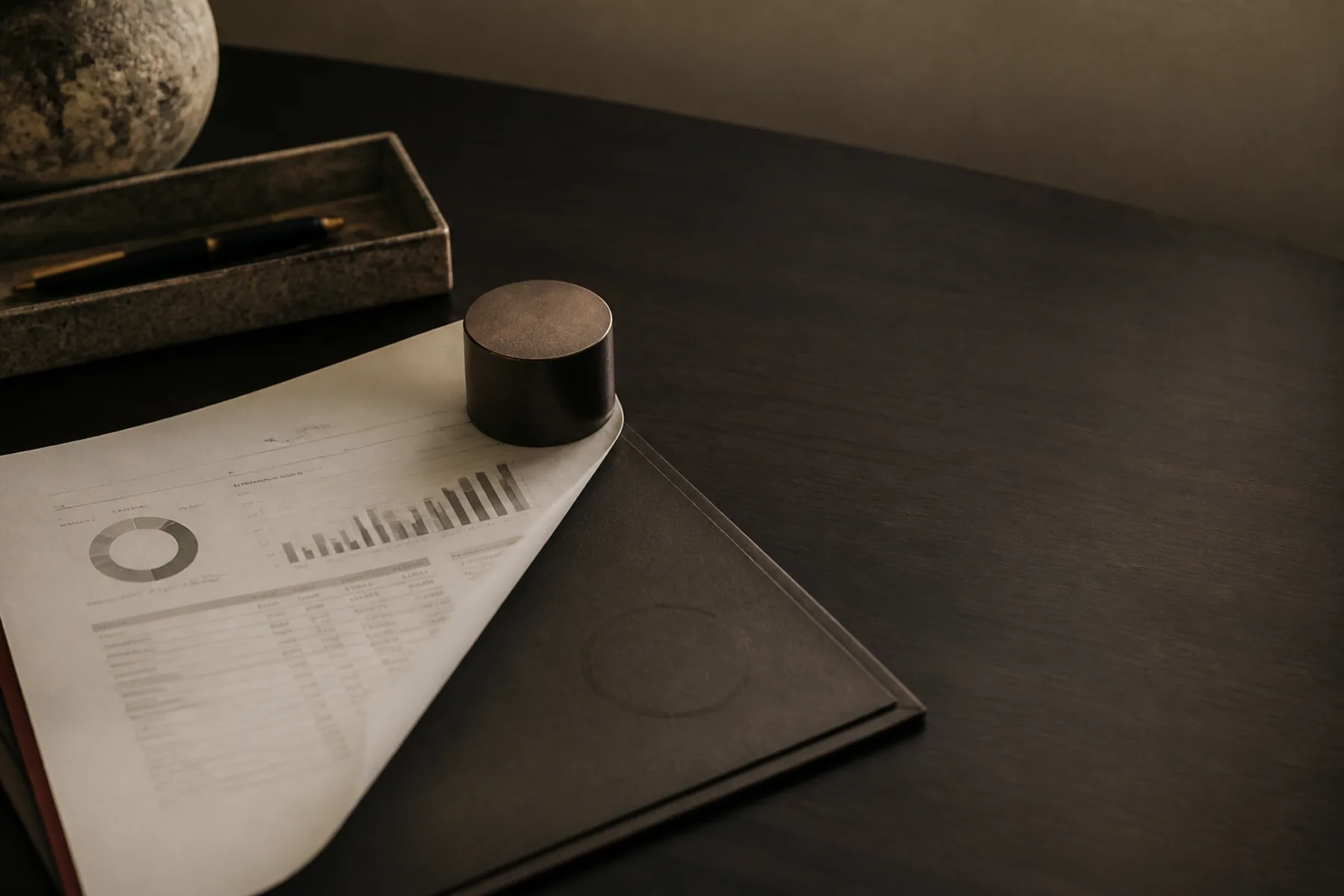 A bound operating report and reading glasses on a quiet boardroom table.