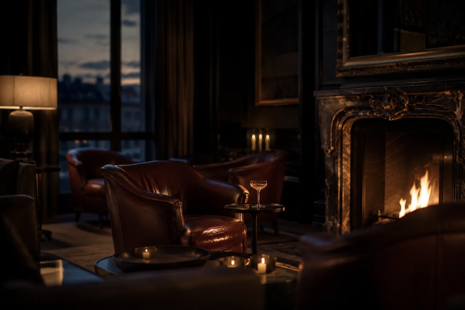 An empty private members' club lounge at dusk, leather chairs warmed by low lamplight.
