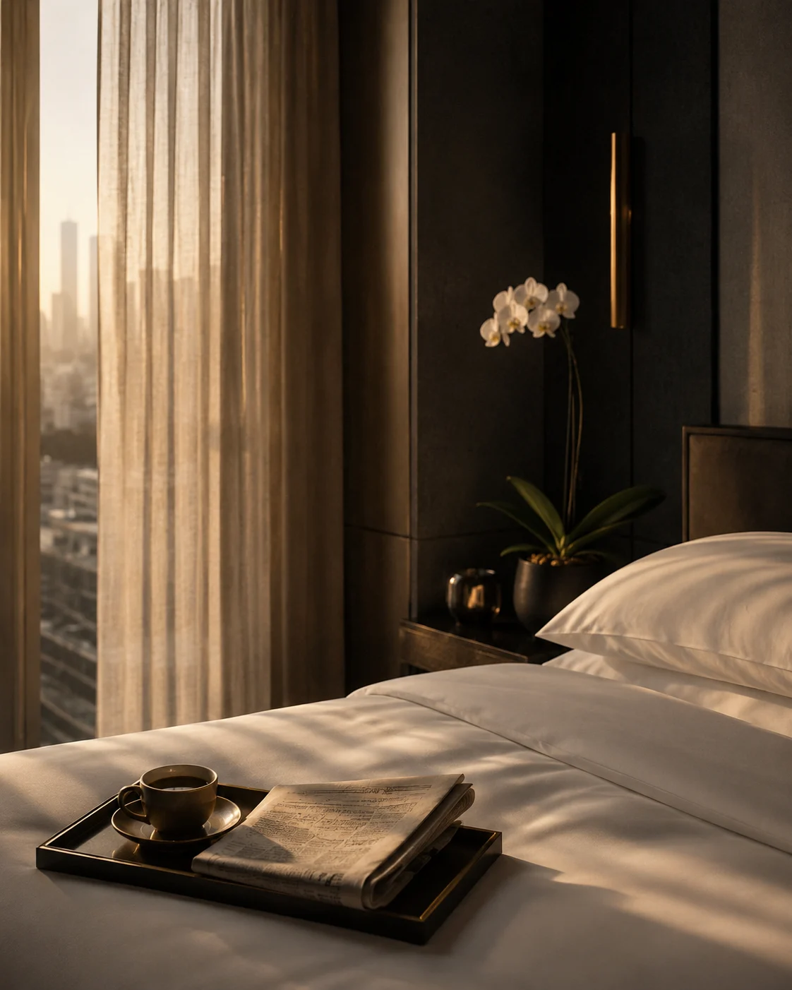 Morning light across an immaculate hotel suite with pressed linens and a single orchid.