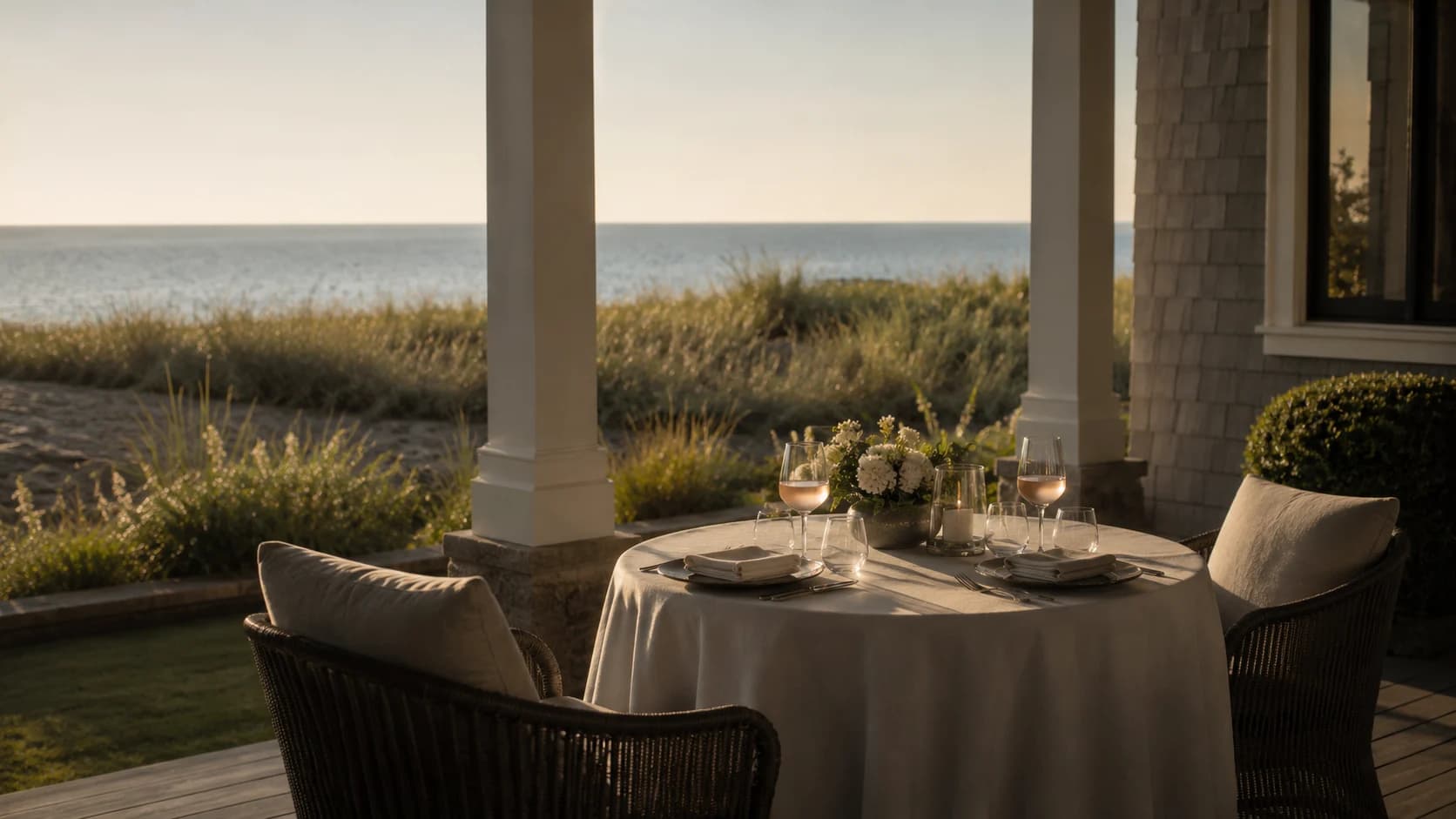 A linen-set table for two on a shingled Hamptons veranda overlooking dune grass and the Atlantic.