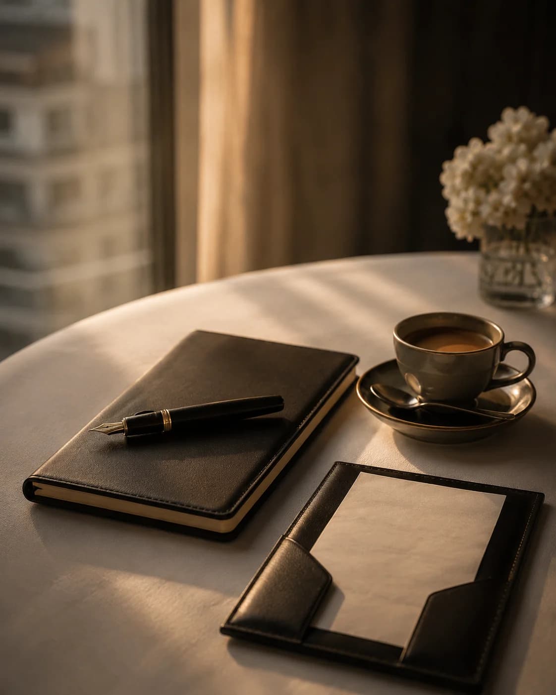 A leather notebook and fountain pen resting beside a finished espresso on white linen.