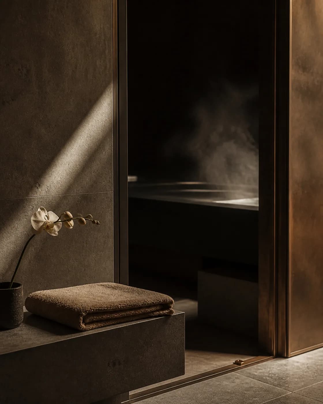A folded towel and a glass of infused water on a stone ledge beside a still treatment pool.