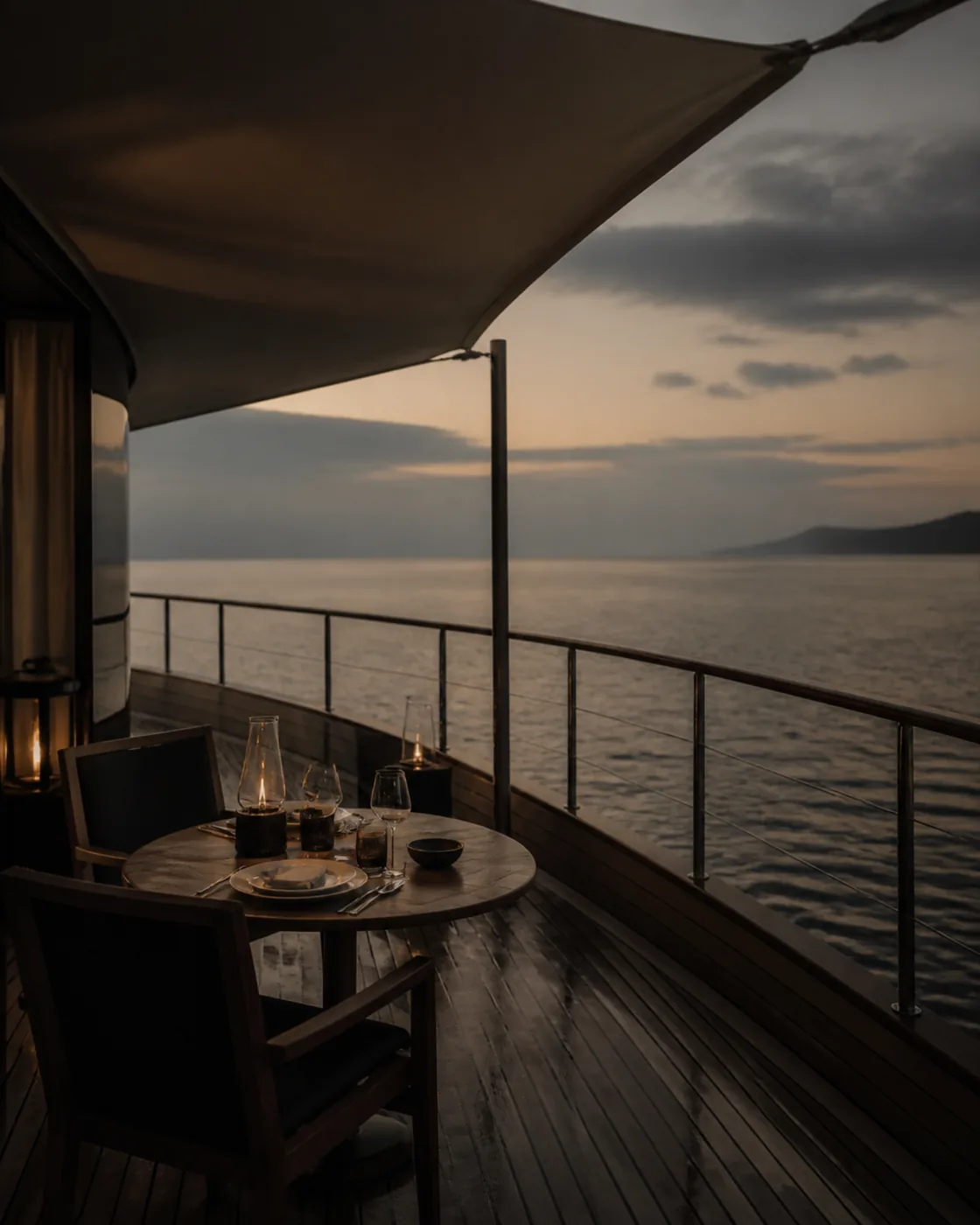 A teak aft deck laid for lunch, linen and glassware steady against open water.