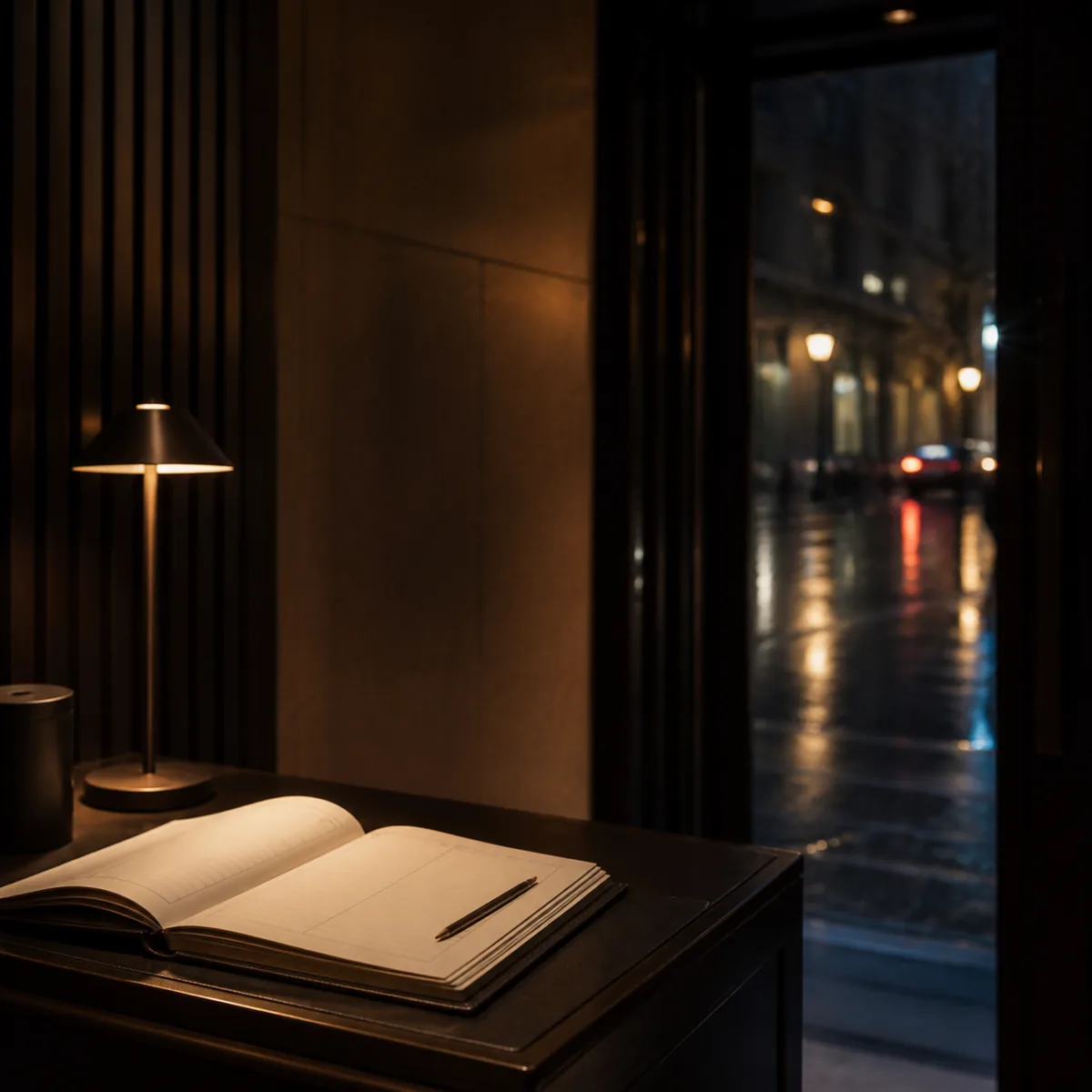 A set table at the edge of a quiet dining room, waiting for the first guest of the evening.