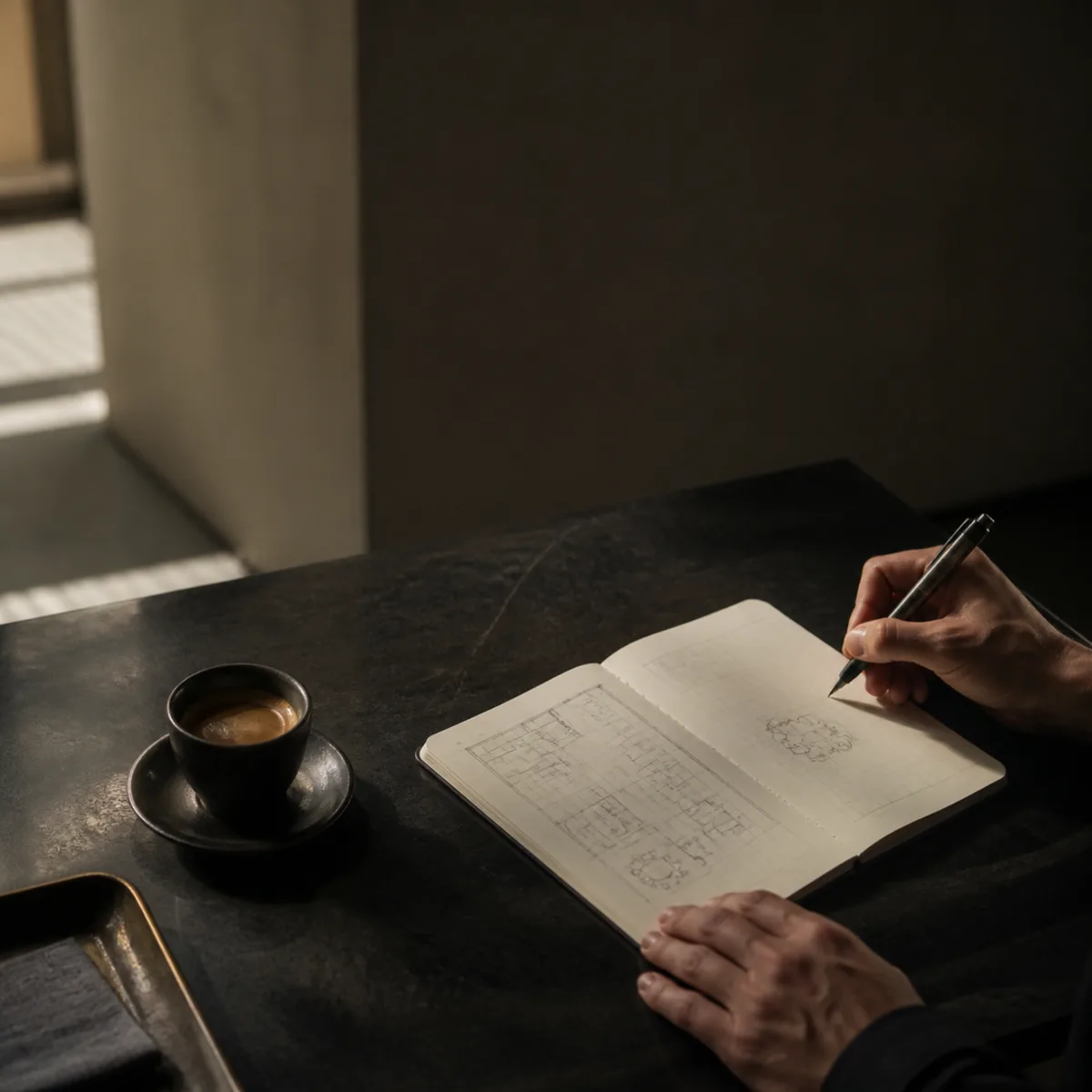 An open binder of service standards beside a folded napkin and a fountain pen.