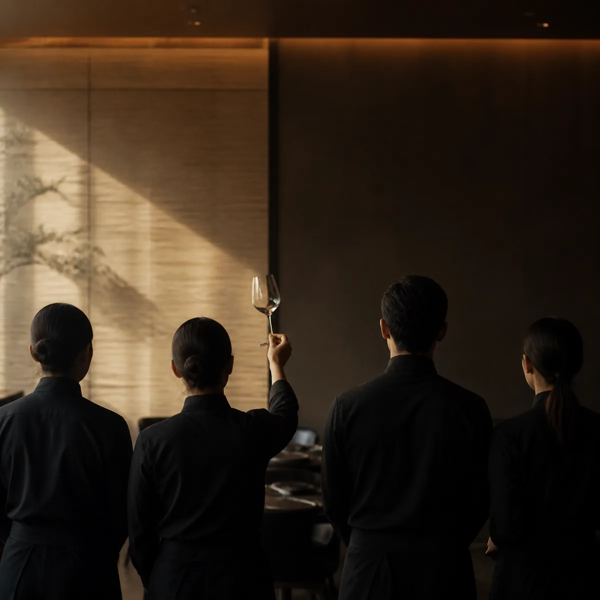 A row of tasting glasses and an open service manual set out before a pre-shift briefing.