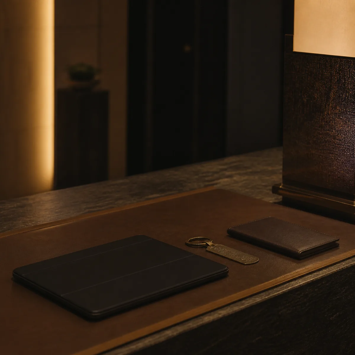 A laptop closed on a hotel desk beside a booking confirmation and a room key.