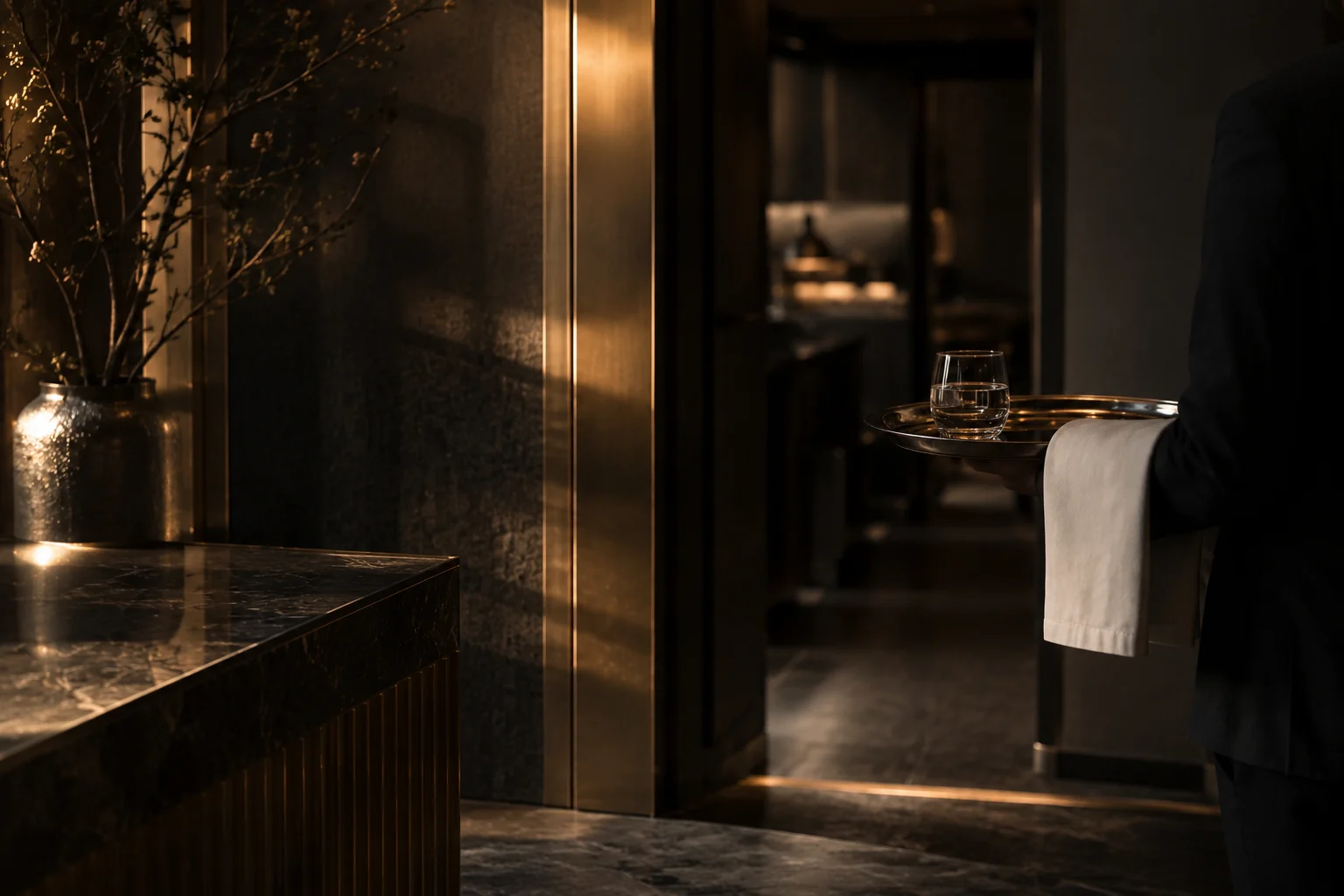A folded service napkin and silver tray in a quiet hotel corridor — the handoff a guest never sees.